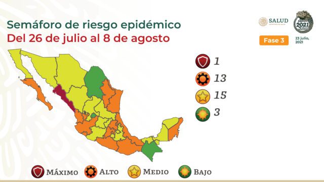 Semáforo de riesgo epidemiológico para las semanas del 26 de julio al 8 de agosto