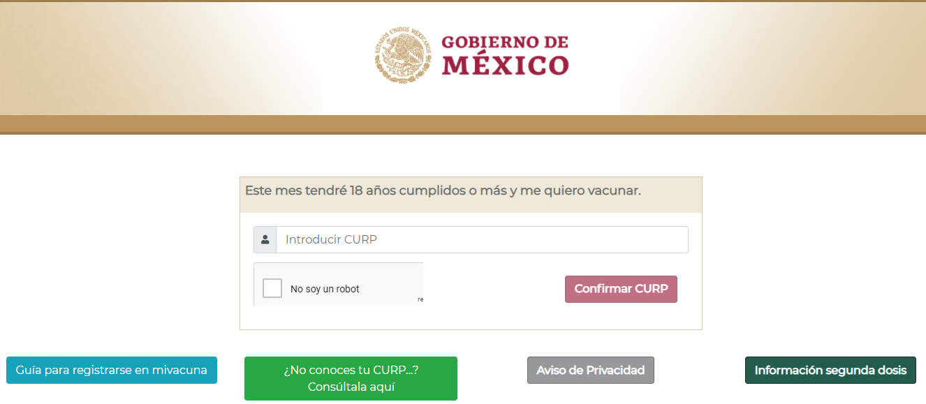 Portal web para el registro de personas mayores de 18 años para la aplicación de la vacuna contra COVID-19