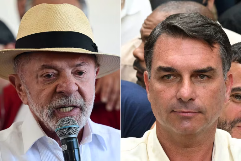 El presidente de Brasil y candidato a la reelección por el Partido de los Trabajadores (PT), Luiz Inácio Lula da Silva (derecha), y el senador derechista y candidato presidencial por el Partido Liberal (PL), Flávio Bolsonaro.